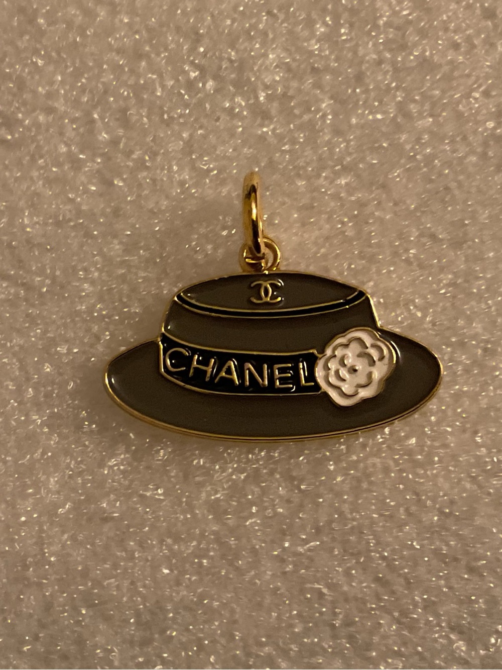 CHANEL 2023 Holiday Gray Hat Camellia Enamel Charm PRISTINE Gold Tone France